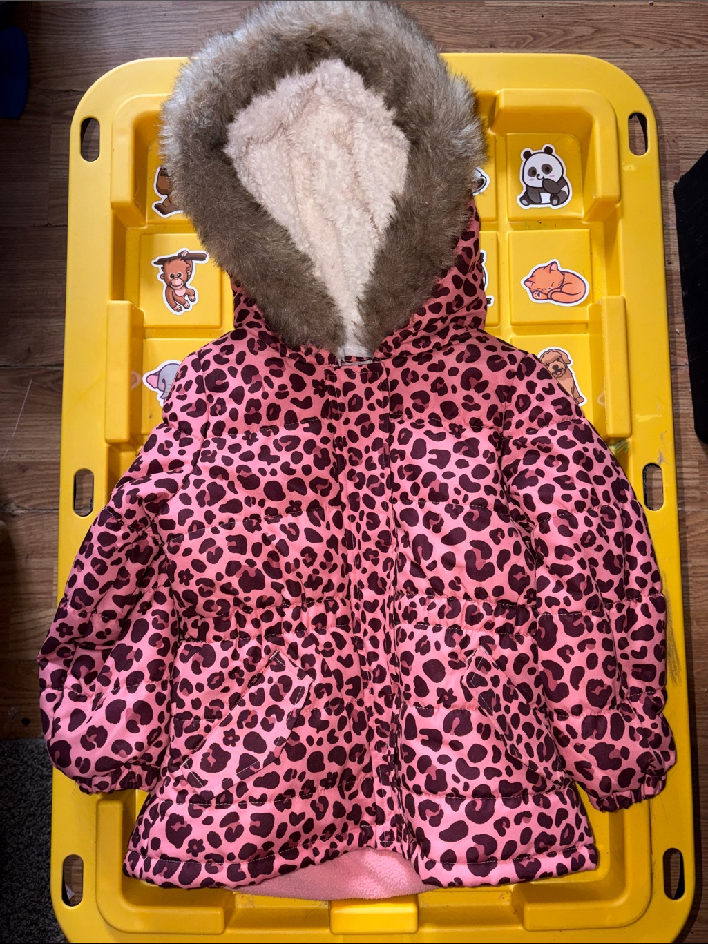 Cat & Jack Pink Leopard Print Hooded Puffer Coat With Faux Fur Trim